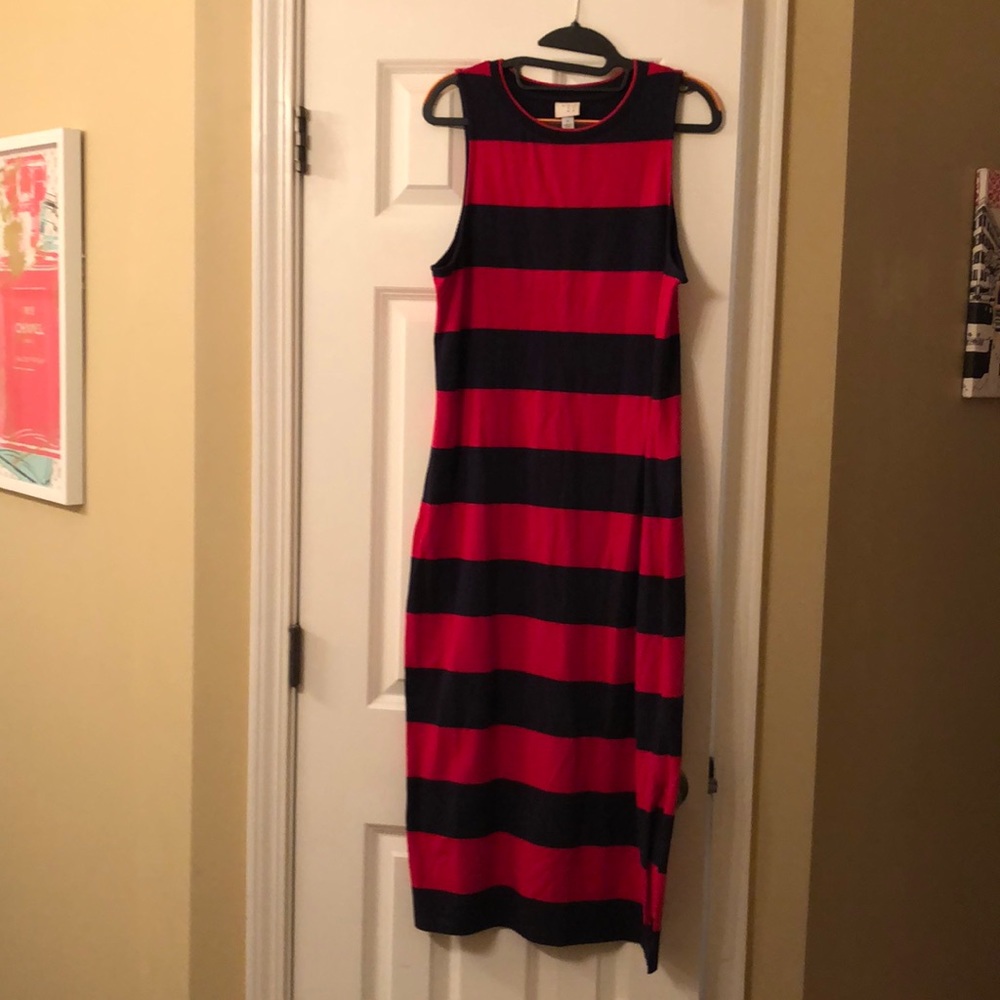 Sleeveless red and navy blue striped dress